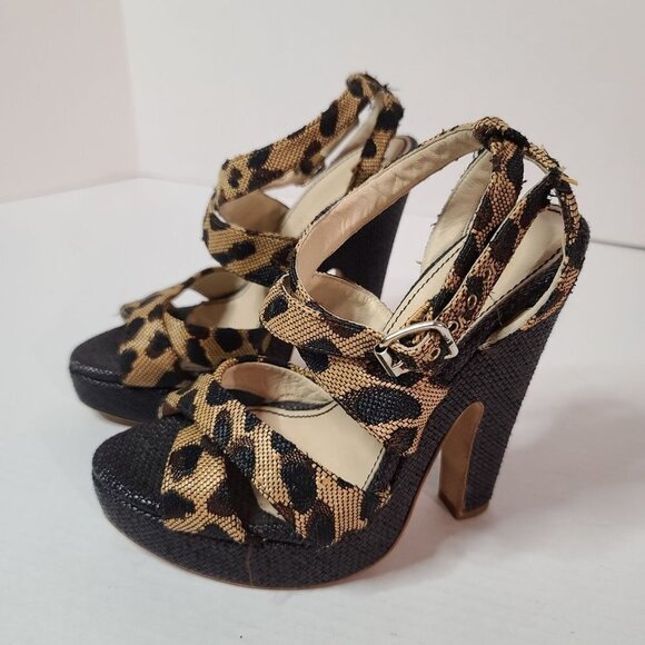 Jerome C. Rousseau Daho Cheetah Woven Platform Heels Size 37.5/ 7.5 - Picture 1 of 11